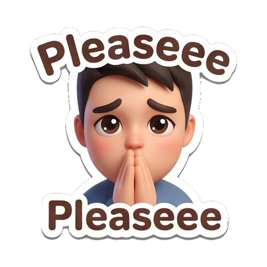 Boy with hands together in a pleading gesture with text Pleaseee. Cheerful 3D Boy Expressions sticker for expressive chats and social replies.