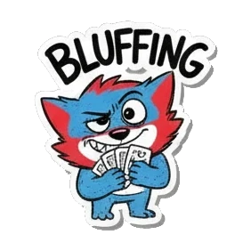 Gamer cat holding cards with a suspicious look and text BLUFFING Gamer Cat Adventures sticker for expressive chats and social replies.