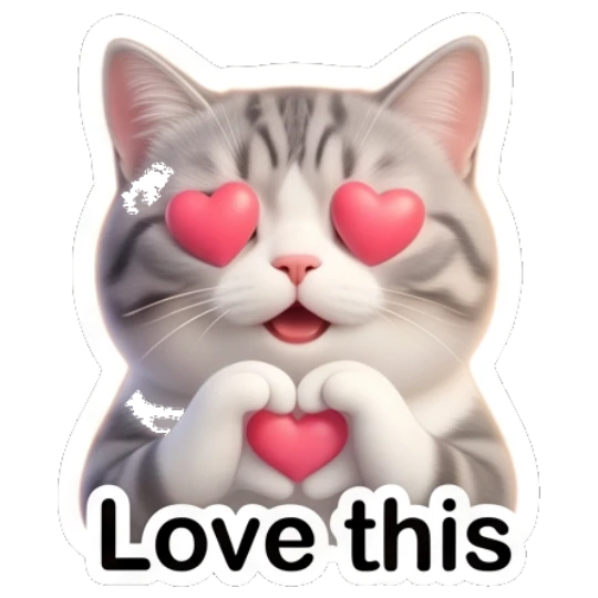 Grey cat making heart hands with Love this text Cute Grey Tabby Expressions sticker for expressive chats and social replies.