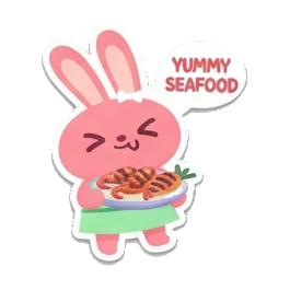 Pink bunny holding a plate of grilled seafood, Yummy Seafood text. Pink Bunny Beach Day sticker for expressive chats and social replies.