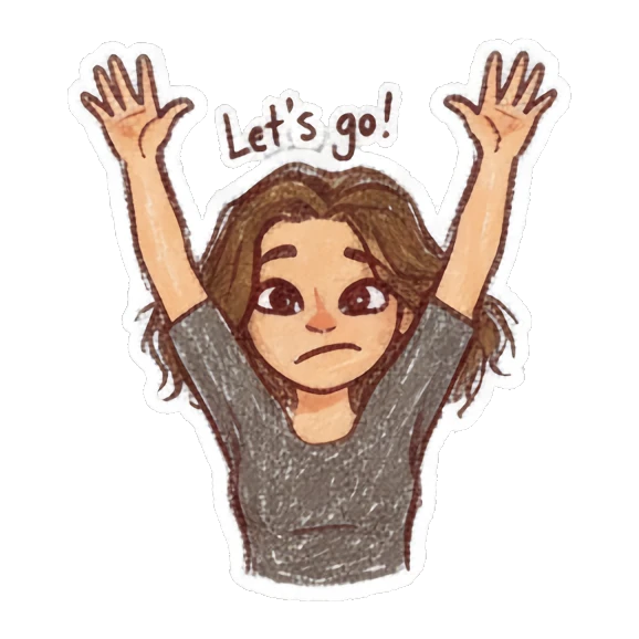 Excited girl with arms raised high and text Let is go Curly Haired Girl Daily Vibes sticker for expressive chats and social replies.