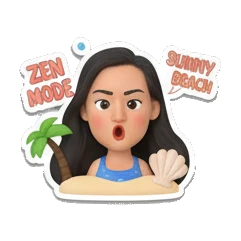 Girl surprised with beach background, text ZEN MODE Summer Beach Girl Vibes sticker for expressive chats and social replies.