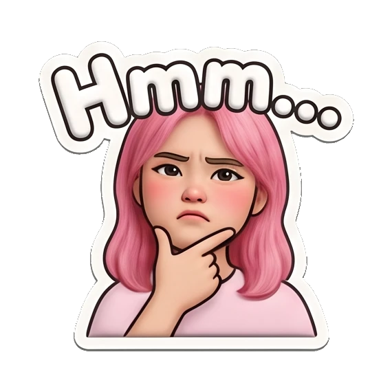 Thoughtful girl resting chin on hand while pondering. Pink Hair Girl Daily Vibes sticker for expressive chats and social replies.