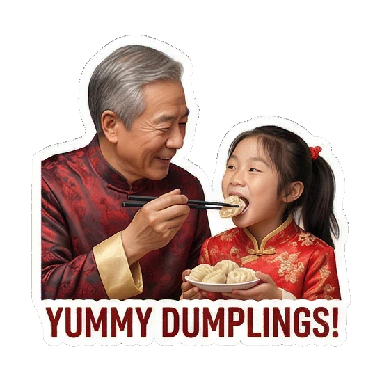 Eating dumplings together Grandpa and Granddaughter CNY Moments sticker for expressive chats and social replies.