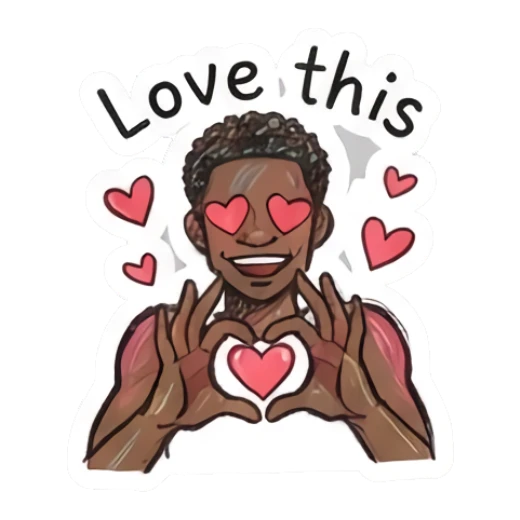 Loving young man making a heart shape with hands and heart eyes with text Love this Doodle Boy Expressions sticker for expressive chats and social replies.