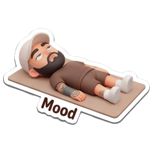 Man lying on a yoga mat, text 'Mood' Gym Bro Daily Life sticker for expressive chats and social replies.