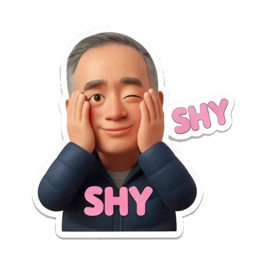 Shy man covering his cheeks with hands saying 'SHY' Cheerful Middle-Aged Gentleman sticker for expressive chats and social replies.
