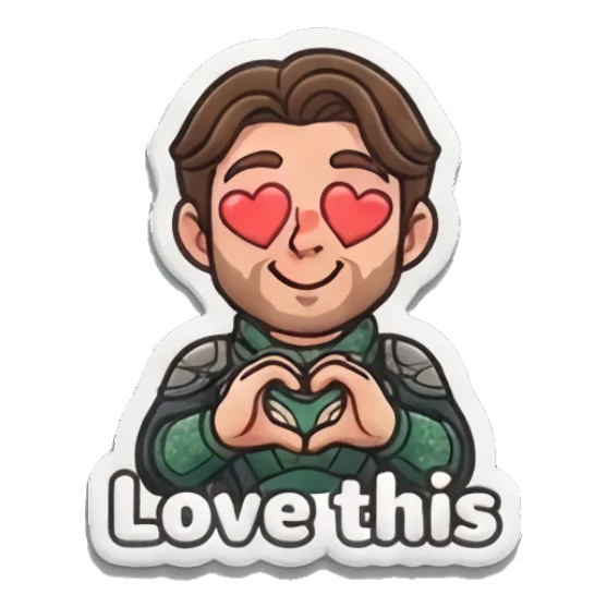 Loving hero making a heart shape with hands saying Love this. Heroic Daily Vibes sticker for expressive chats and social replies.