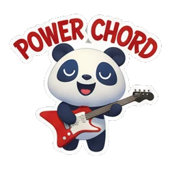 Panda playing electric guitar with eyes closed and POWER CHORD text Rocking Panda Band sticker for expressive chats and social replies.