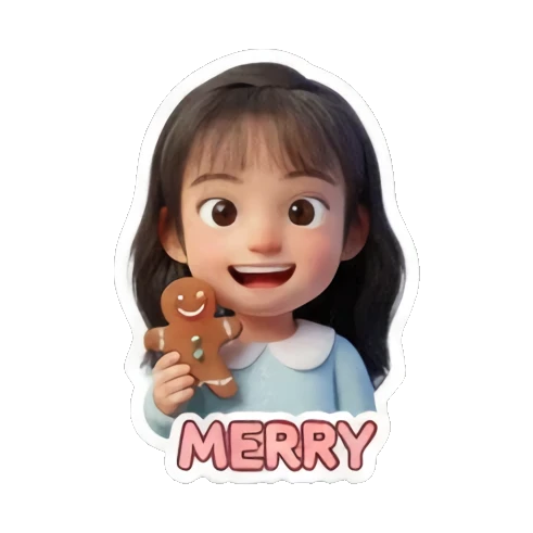 小女孩拿着姜饼人说Merry Holiday Girl Adventures sticker for expressive chats and social replies.