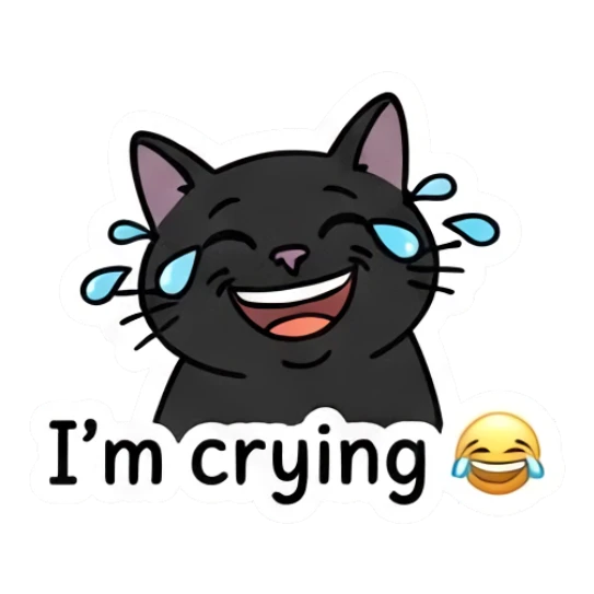 Laughing black cat with tears of joy saying I'm crying. Playful Black Cat Moods sticker for expressive chats and social replies.