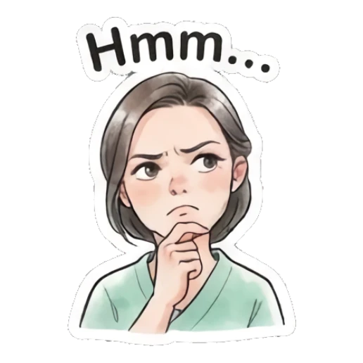 Woman thinking with a hand on chin and text Hmm... Modern Gentle Lady Expressions sticker for expressive chats and social replies.