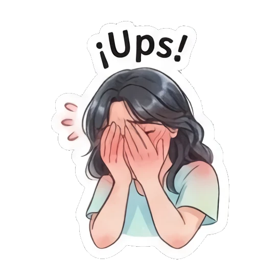 Girl covering face with hands in embarrassment, text 'Ups' Modern Spanish Girl Expressions sticker for expressive chats and social replies.