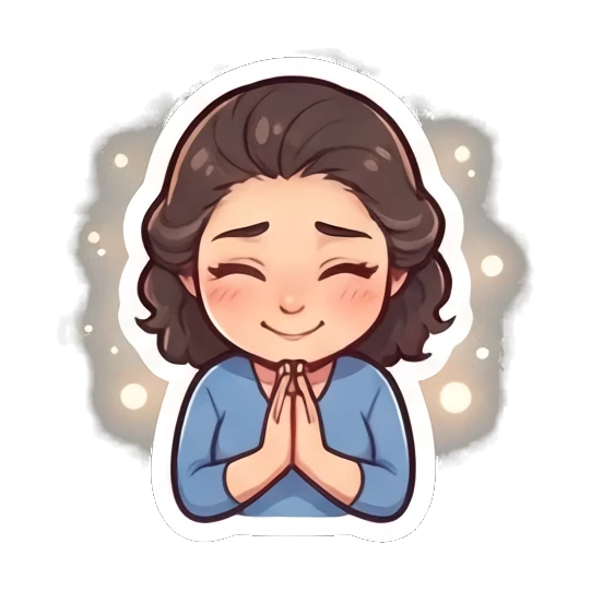 Young woman with eyes closed and hands together in gratitude Cheerful Brunette Daily Life sticker for expressive chats and social replies.