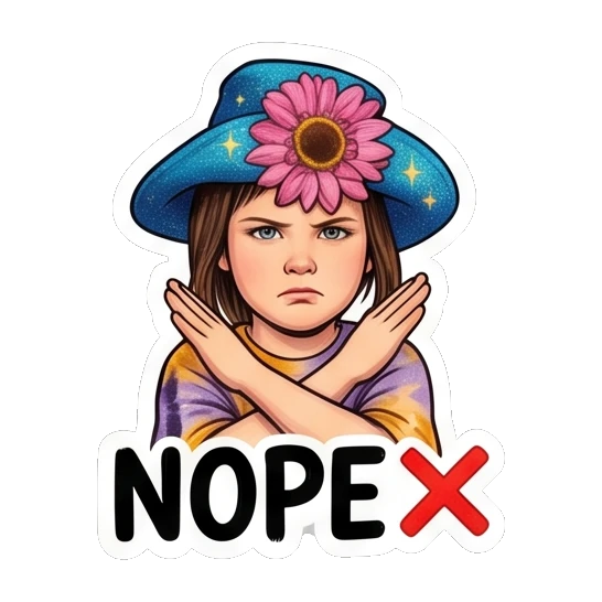 Girl crossing arms in a firm refusal with text NOPE Sunflower Girl Daily Vibes sticker for expressive chats and social replies.