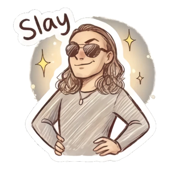 Confident man with hands on hips, text 'Slay' Cool Long-Haired Guy Vibes sticker for expressive chats and social replies.