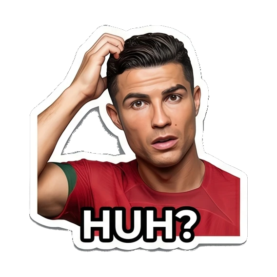 Cristiano Ronaldo scratching head in confusion with HUH? text Cristiano Ronaldo Expressions sticker for expressive chats and social replies.