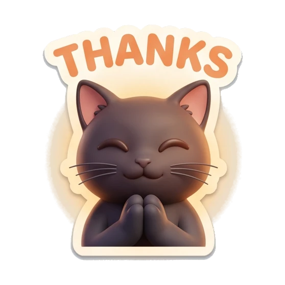 Black cat with hands together in prayer, text Thanks. Playful Black Cat Moods sticker for expressive chats and social replies.
