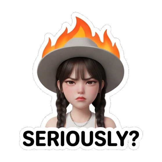 Girl with hat with fire background, text SERIOUSLY? Chic Hat Girl Expressions sticker for expressive chats and social replies.