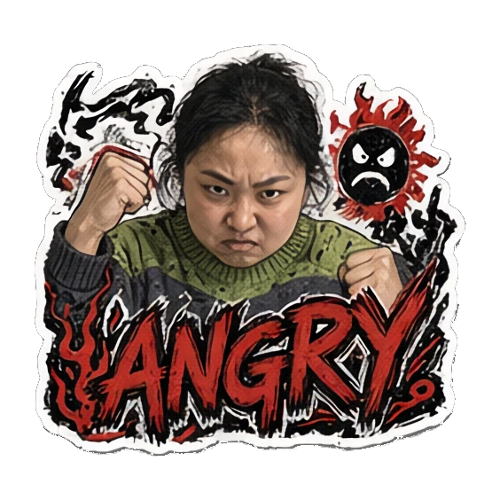 年轻女性握拳愤怒，表情凶狠，文字ANGRY Punk Girl Daily Vibes sticker for expressive chats and social replies.