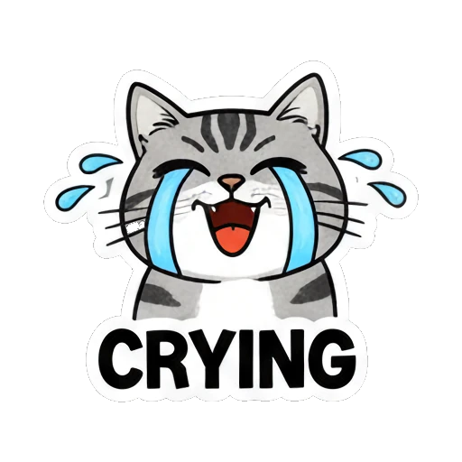 Gray cat crying with big blue tears saying CRYING Gray Tabby Moods sticker for expressive chats and social replies.