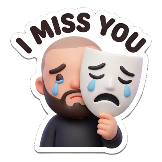 Bearded man crying while holding a sad mask, text I MISS YOU Bearded Buddy Expressions sticker for expressive chats and social replies.