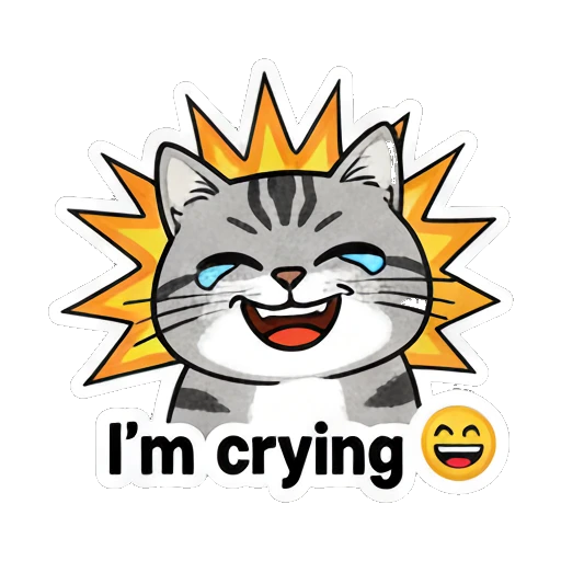 Gray cat laughing hysterically with burst background saying I'm crying Gray Tabby Moods sticker for expressive chats and social replies.