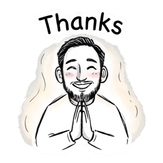Bearded man with hands together in a prayer gesture, Thanks text. Doodle Guy Daily Vibes sticker for expressive chats and social replies.