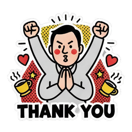 Man praying with gratitude, text THANK YOU Cheerful Office Guy sticker for expressive chats and social replies.