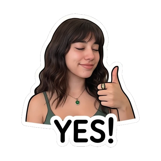 Young woman giving a thumbs up with eyes closed, text YES! Daily Moods of a Girl sticker for expressive chats and social replies.