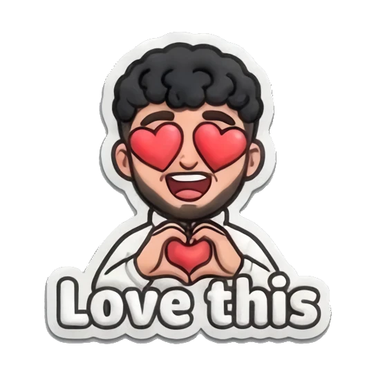 Man making a heart shape with hands and 'Love this' text Curly Hair Guy Daily Vibes sticker for expressive chats and social replies.