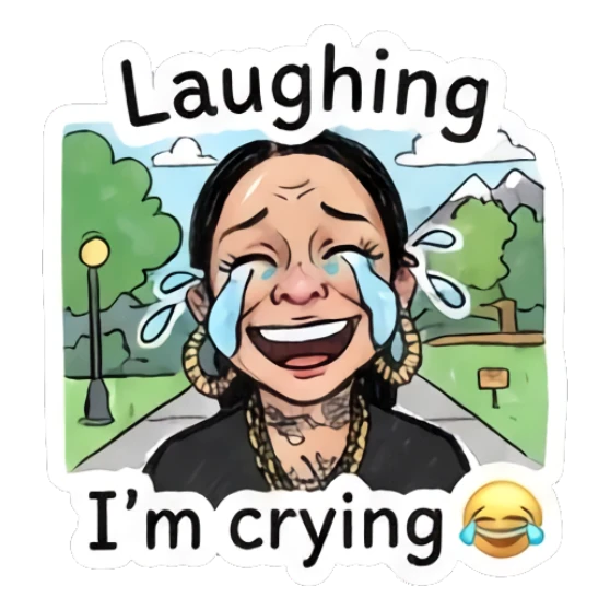 Girl laughing with tears of joy, park background. Doodle Girl Vibes sticker for expressive chats and social replies.