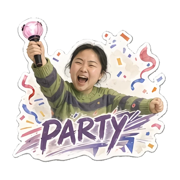 Young woman celebrating with a lightstick saying PARTY Cheerful Daily Life of a Young Woman sticker for expressive chats and social replies.