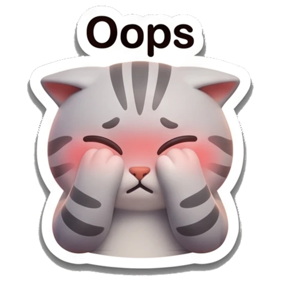 Embarrassed gray tabby cat covering eyes with blushing cheeks and text 'Oops' Cheerful Gray Tabby Cat sticker for expressive chats and social replies.