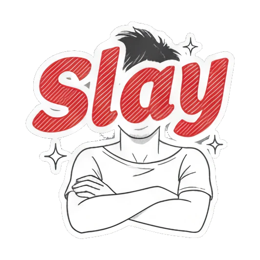Young man crossing arms confidently with text Slay. Daily Moods of a Young Man sticker for expressive chats and social replies.
