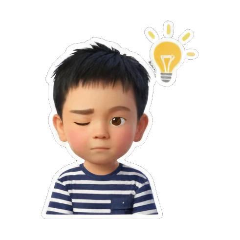 思考男孩头顶灯泡. Little Boy's Expressive World sticker for expressive chats and social replies.