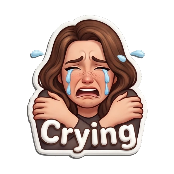 Sad girl hugging herself and crying saying Crying. Playful Brunette Expressions sticker for expressive chats and social replies.