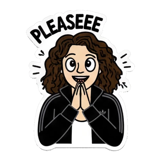 Curly-haired girl looking hopeful with hands together and text PLEASEEE Curly Hair Girl Daily Vibes sticker for expressive chats and social replies.