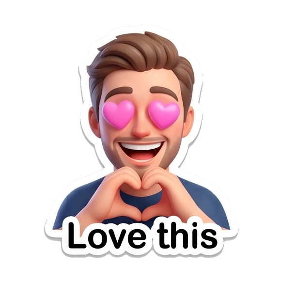 Young man with heart-shaped eyes making a heart gesture and 'Love this' text. Modern Guy Daily Expressions sticker for expressive chats and social replies.
