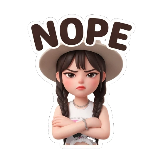 Girl in hat looking stern with arms crossed and text NOPE Chic Hat Girl Expressions sticker for expressive chats and social replies.