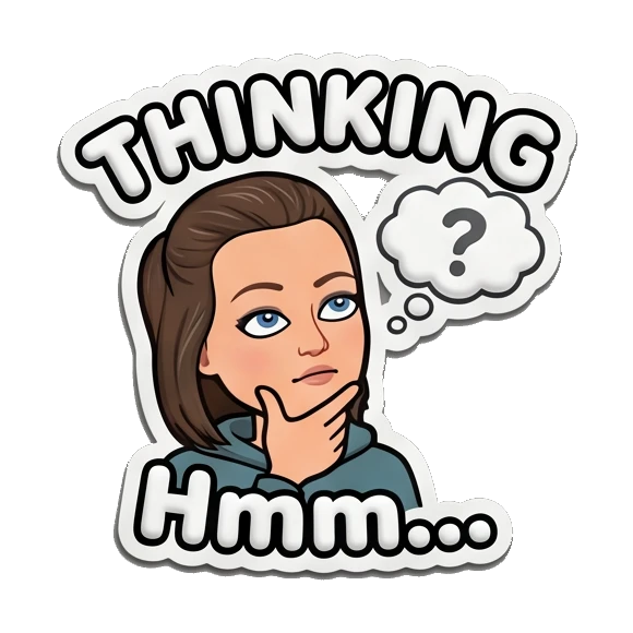 Young woman thinking with finger on chin and THINKING text. Playful Girl Daily Expressions sticker for expressive chats and social replies.