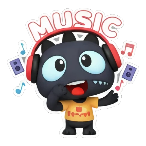 Black monster wears headphones with MUSIC text. Little Black Monster Moods sticker for expressive chats and social replies.