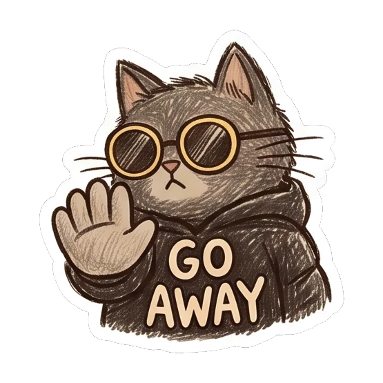 Cat holding up a hand to stop with text GO AWAY. Furry Doodle Cat Daily sticker for expressive chats and social replies.
