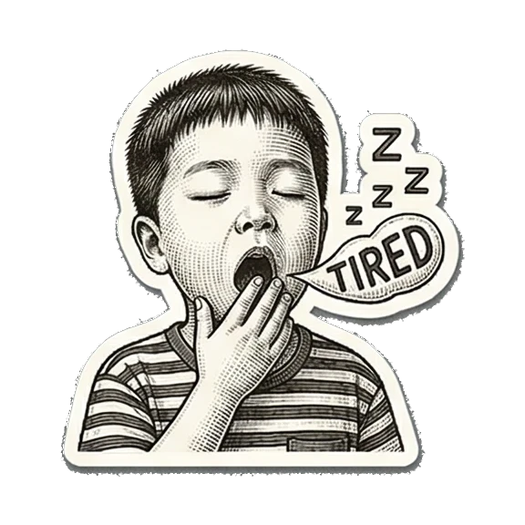 Tired boy yawning. Little Boy's Engraved Emotions sticker for expressive chats and social replies.