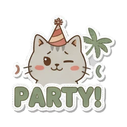 Party cat wearing hat with PARTY Cozy Tabby Daily sticker for expressive chats and social replies.