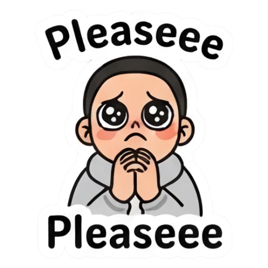 Boy with puppy eyes begging, saying Pleaseee. Casual Boy Daily Vibes sticker for expressive chats and social replies.