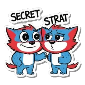 Two gamer cats whispering a secret with text SECRET STRAT Gamer Cat Adventures sticker for expressive chats and social replies.