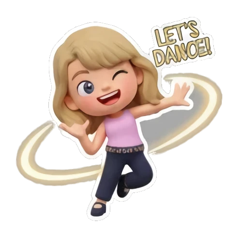 Blonde girl winking and dancing with a hula hoop, text 'LET'S DANCE' Chibi Pop Star Life sticker for expressive chats and social replies.