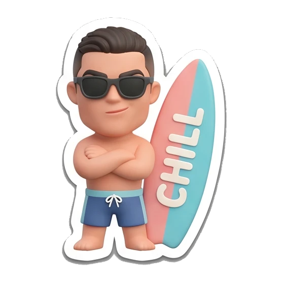 Cool guy wearing sunglasses leaning on surfboard with CHILL text Summer Vibes Boy sticker for expressive chats and social replies.