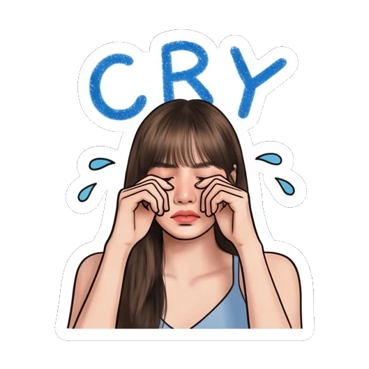Young woman crying with tears and CRY text. Lisa Daily Vibes sticker for expressive chats and social replies.
